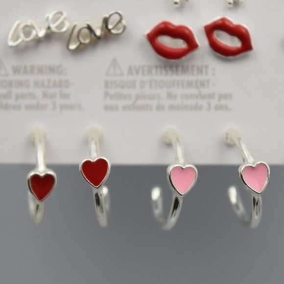 Claires Valentine Earrings Set of 9 Hearts Lips Key Lock Roses Love Stud Hoops - Picture 4 of 5
